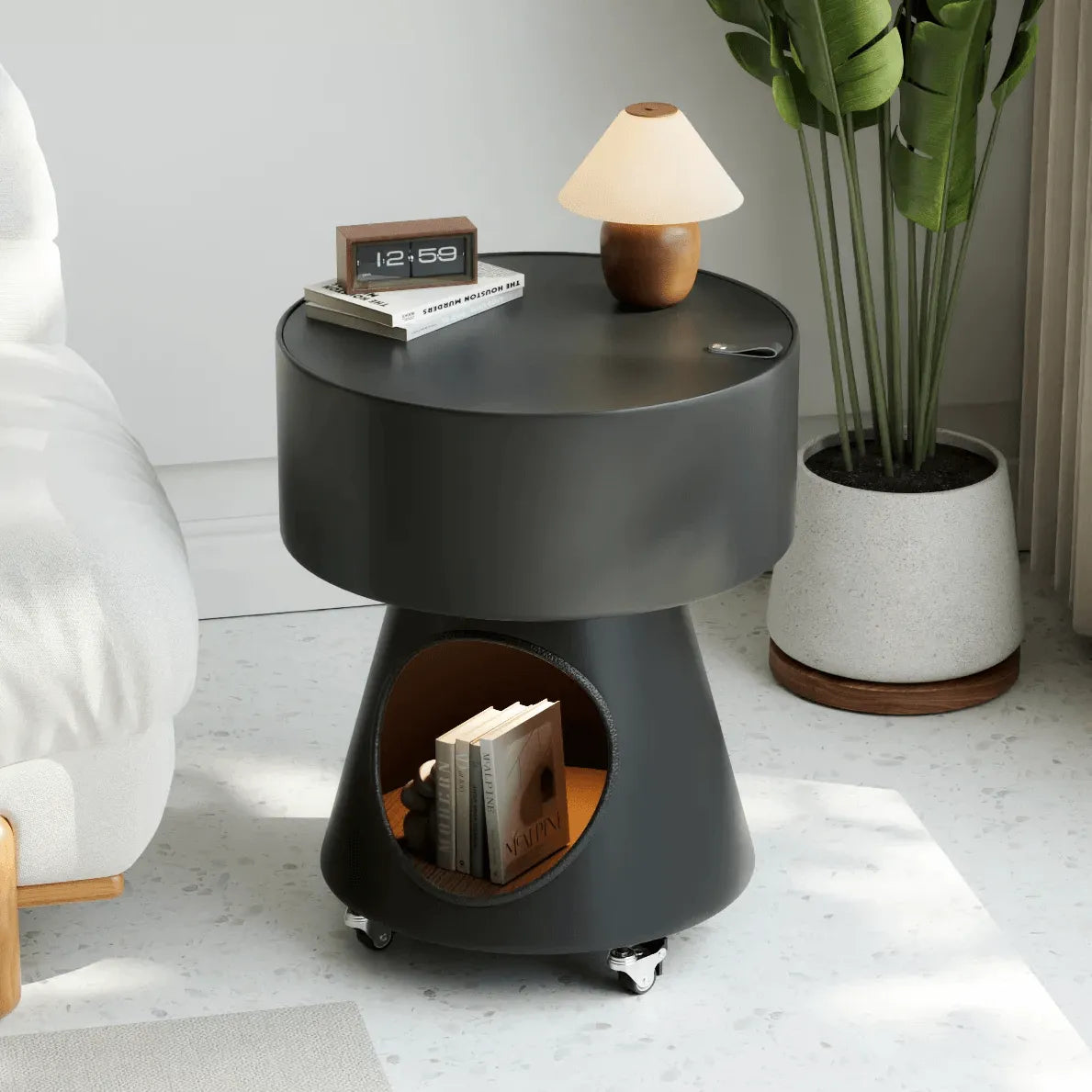Rounded Multifunctional Pet-Friendly Nightstand With Storage and Locking Casters
