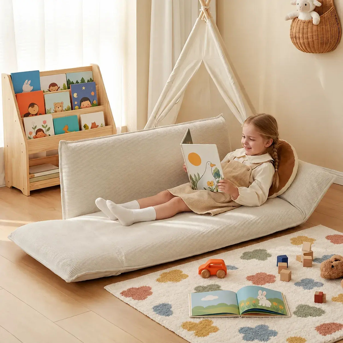 Rounded Plush Kids Folding Loveseat for Reading Nooks and Bedrooms Main Product Image Main image