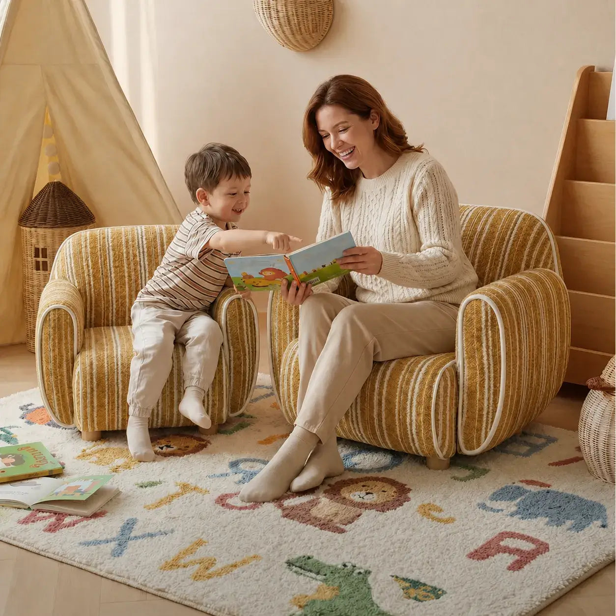 Rounded Ribbed Kids Chair Series With Cozy Boucle Texture for Reading Nooks