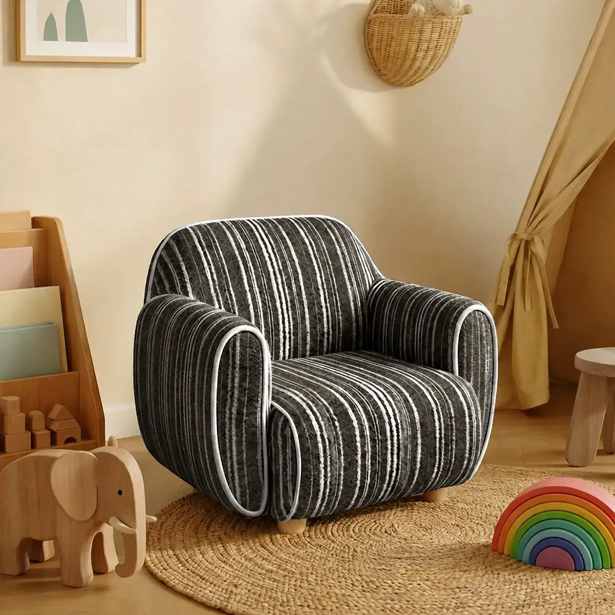 Rounded Ribbed Kids Chair Series With Cozy Boucle Texture for Reading Nooks