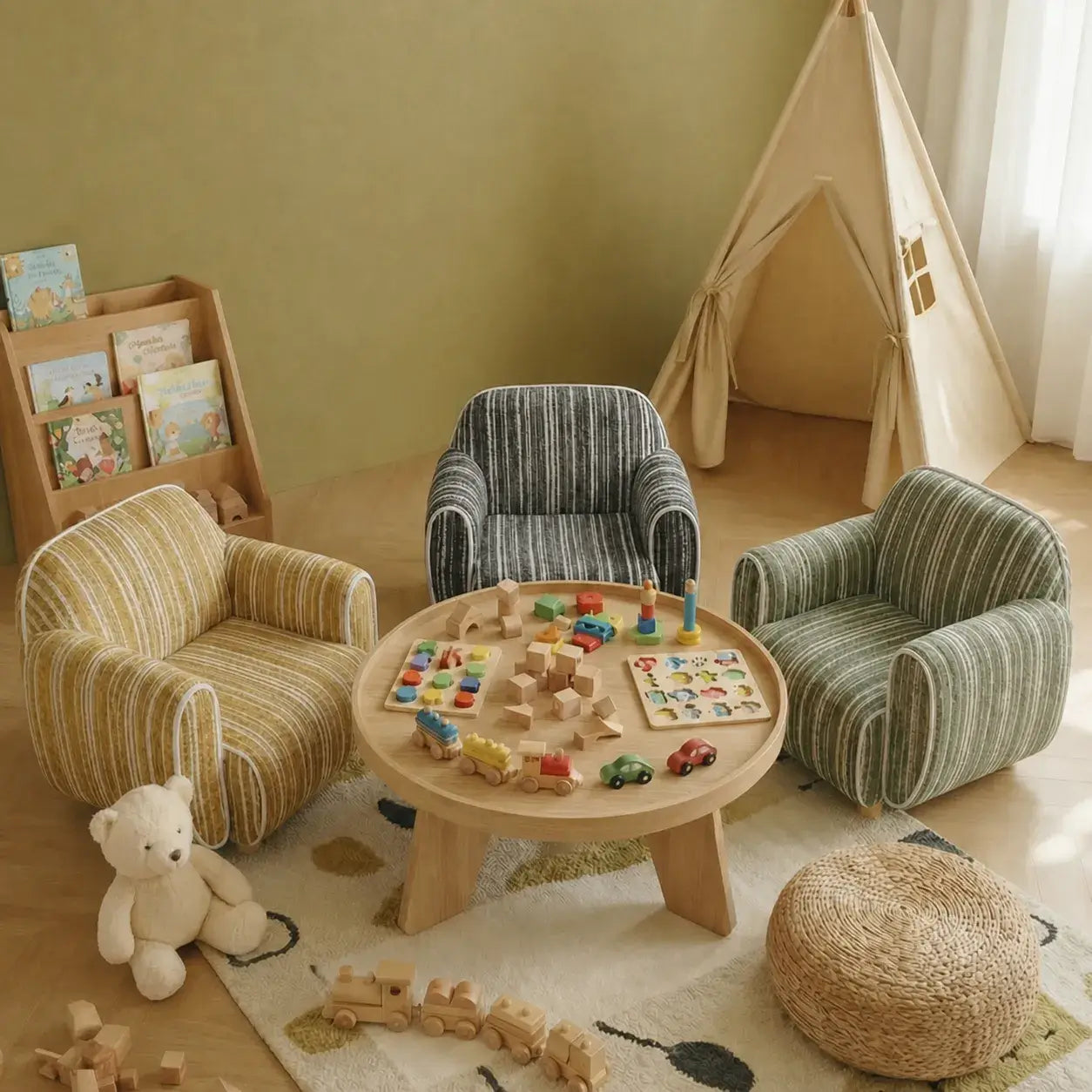 Rounded Ribbed Kids Chair Series With Cozy Boucle Texture for Reading Nooks