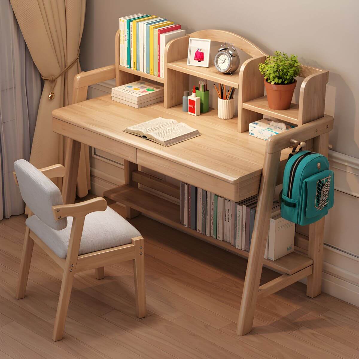 Rubberwood Adjustable Kids Desk with Hutch, Bookshelf & Storage