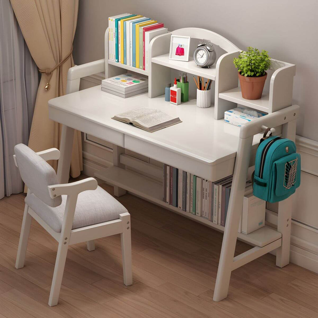 Rubberwood Adjustable Kids Desk with Hutch, Bookshelf & Storage