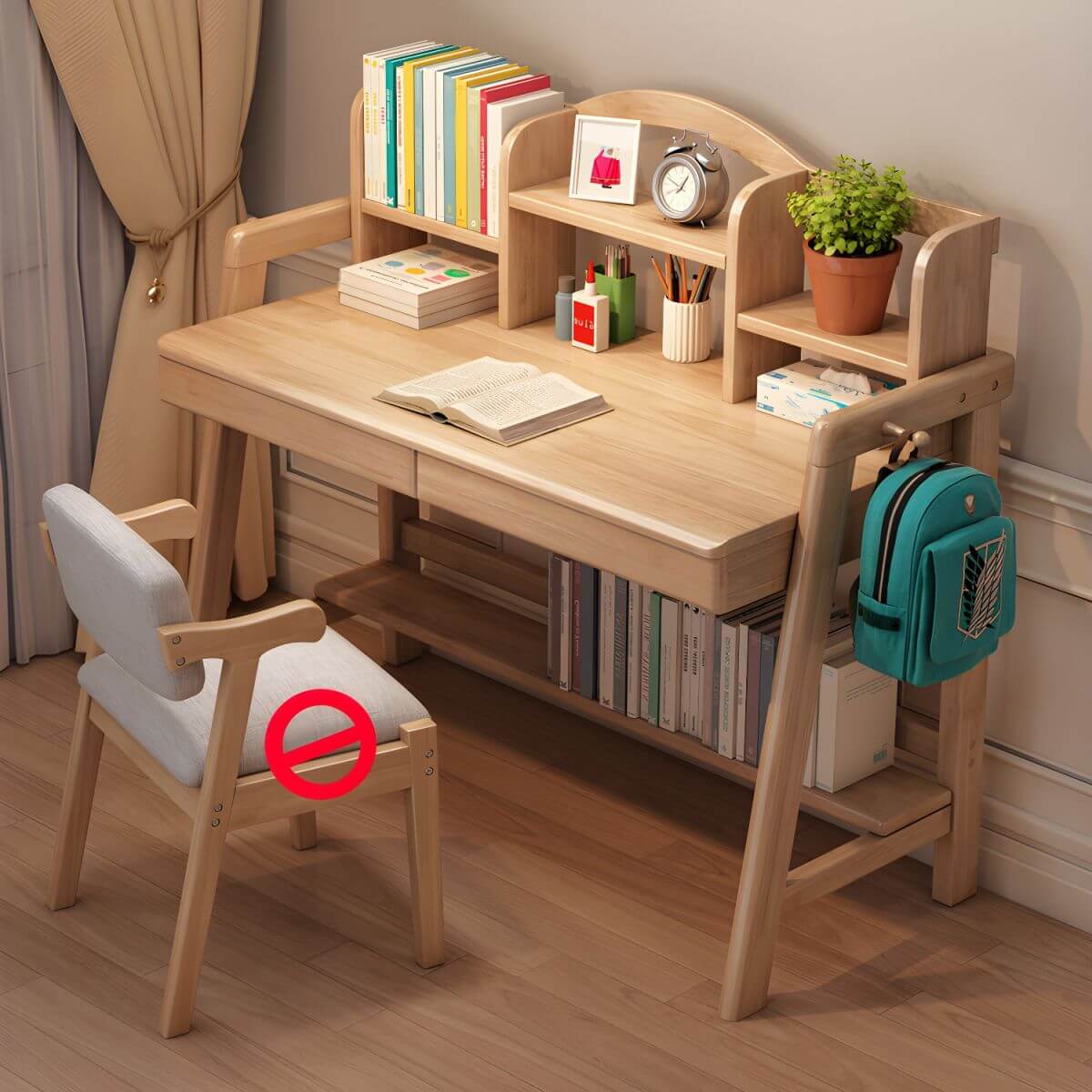 Rubberwood Adjustable Kids Desk with Hutch, Bookshelf & Storage