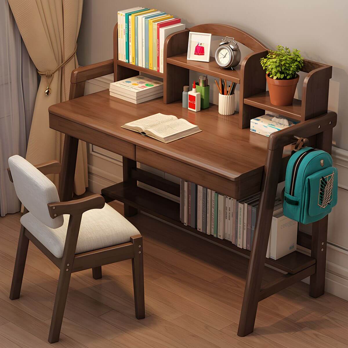 Rubberwood Adjustable Kids Desk with Hutch, Bookshelf & Storage Main Product Image Main image