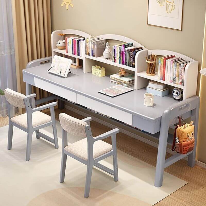 Rubberwood Adjustable Kids Desk with Hutch, Bookshelves and Drawers