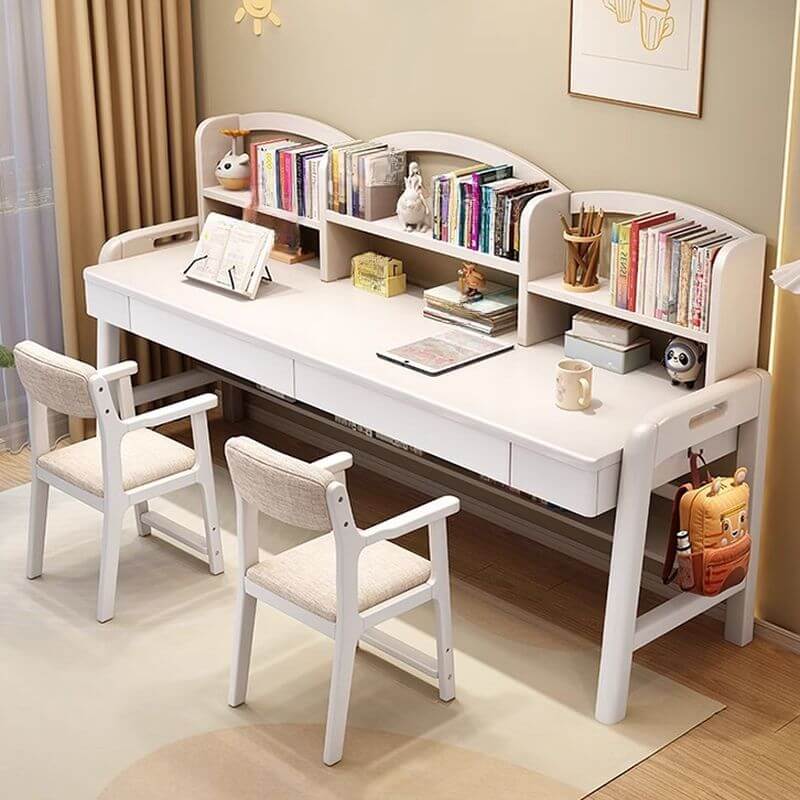Rubberwood Adjustable Kids Desk with Hutch, Bookshelves and Drawers