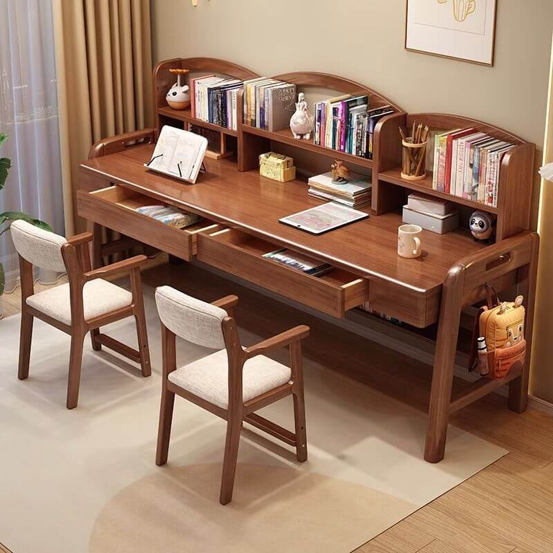 Rubberwood Adjustable Kids Desk with Hutch, Bookshelves and Drawers