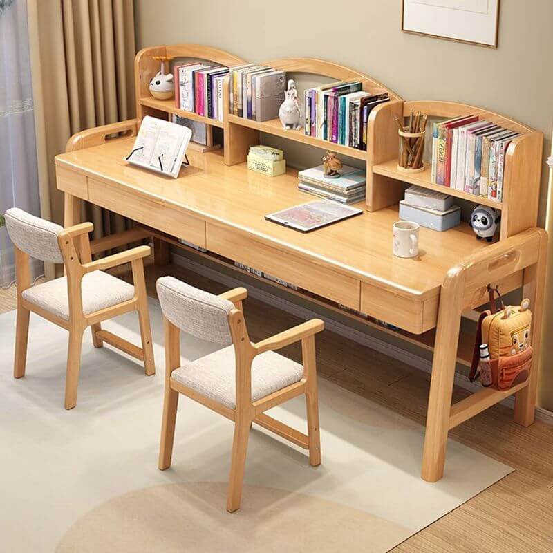 Rubberwood Adjustable Kids Desk with Hutch, Bookshelves and Drawers