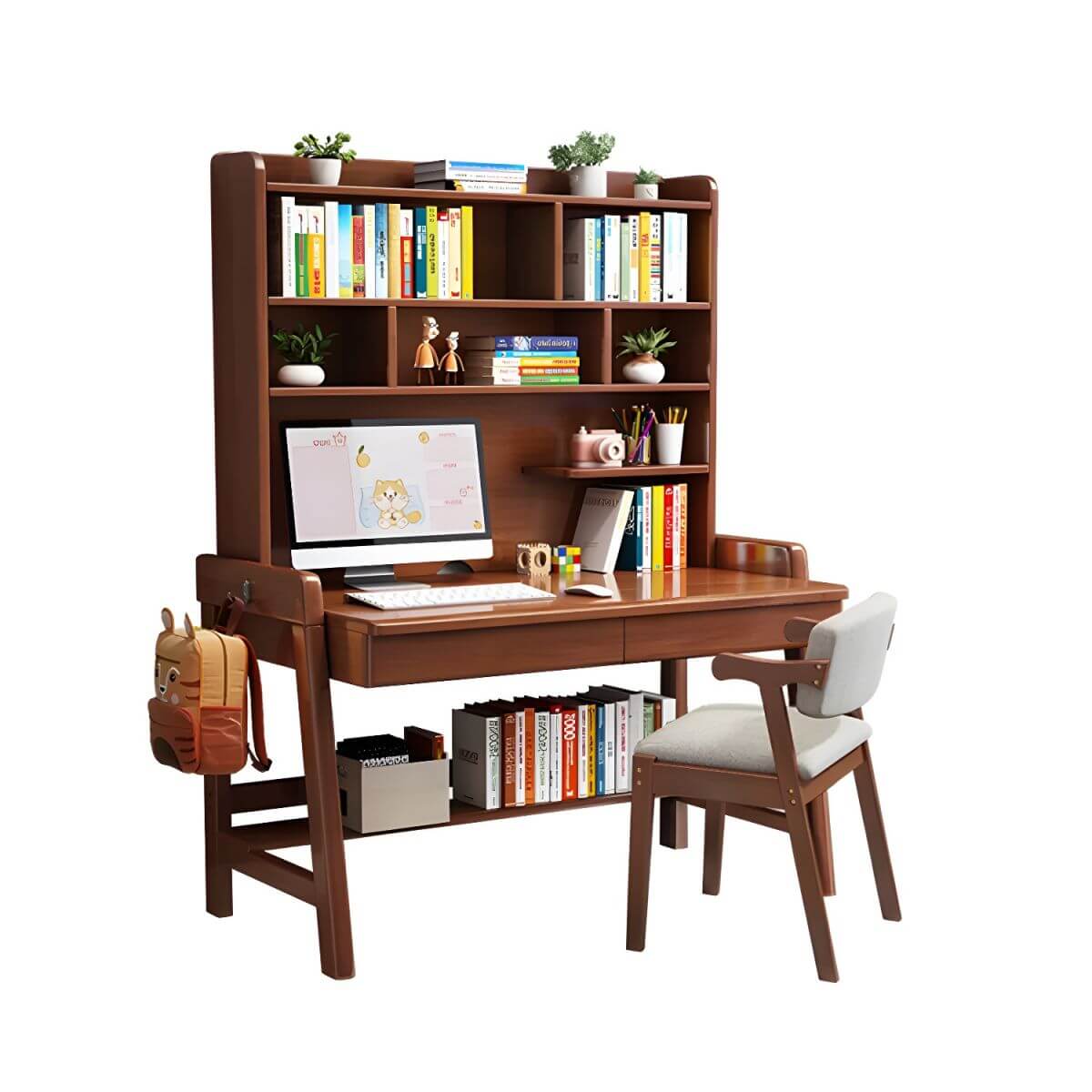 Rubberwood Kids Writing Desk with Integrated Bookshelf and Hutch