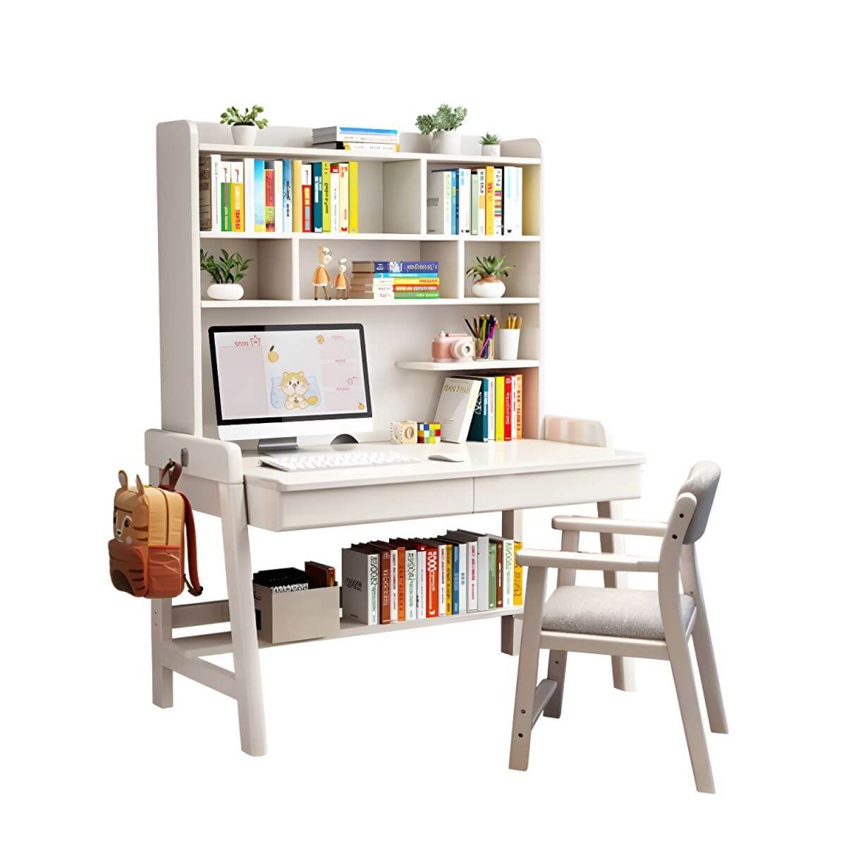 Rubberwood Kids Writing Desk with Integrated Bookshelf and Hutch