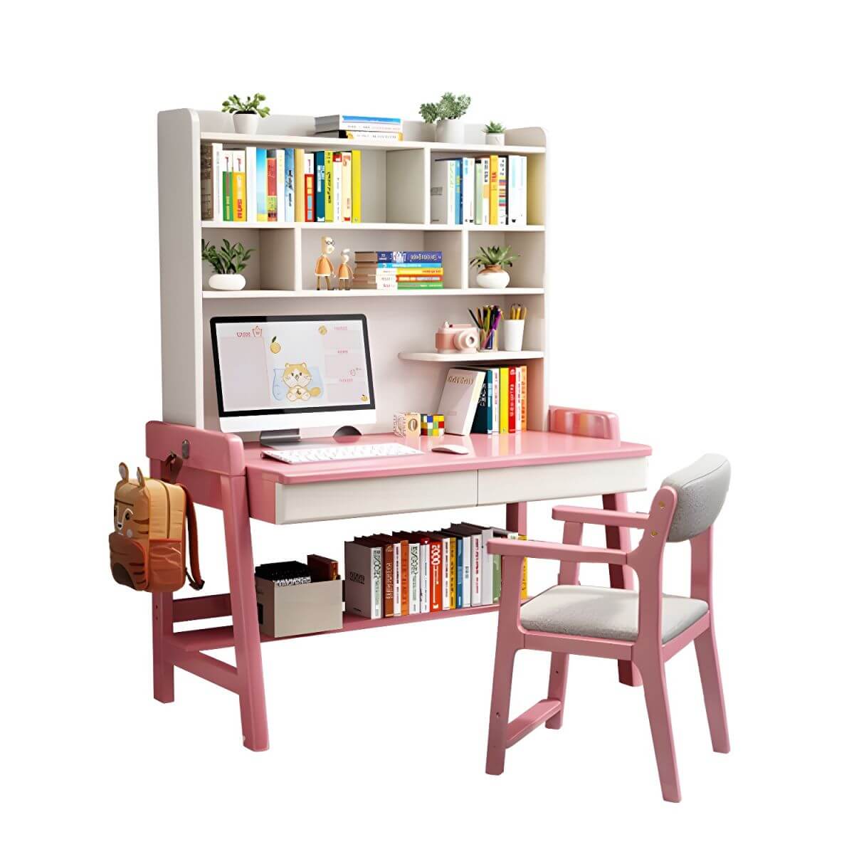 Rubberwood Kids Writing Desk with Integrated Bookshelf and Hutch