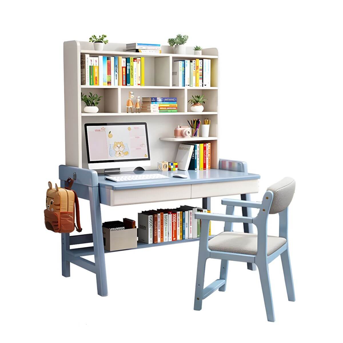 Rubberwood Kids Writing Desk with Integrated Bookshelf and Hutch