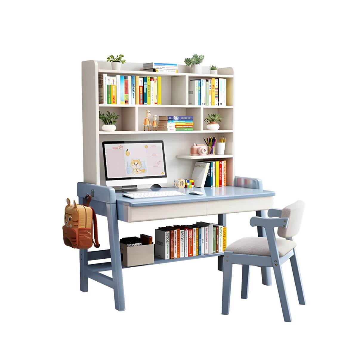 Rubberwood Kids Writing Desk with Integrated Bookshelf and Hutch
