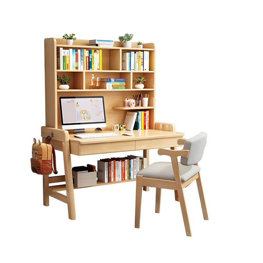Rubberwood Kids Writing Desk with Integrated Bookshelf and Hutch