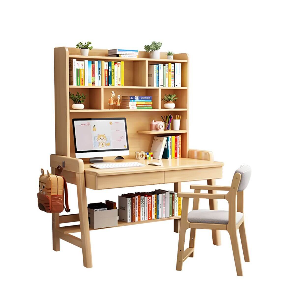 Rubberwood Kids Writing Desk with Integrated Bookshelf and Hutch