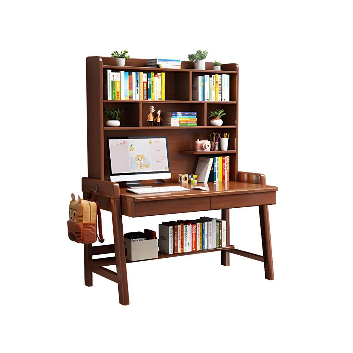 Rubberwood Kids Writing Desk with Integrated Bookshelf and Hutch