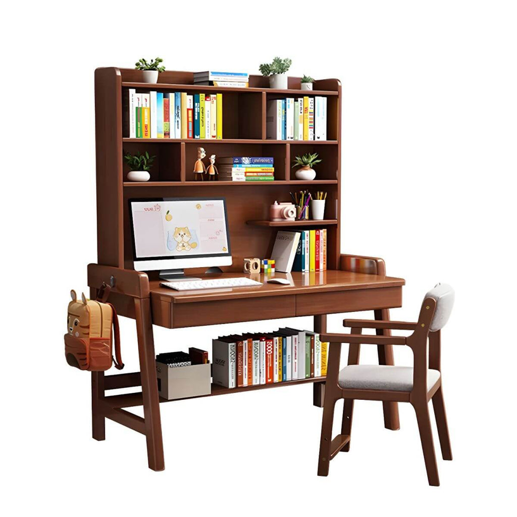 Rubberwood Kids Writing Desk with Integrated Bookshelf and Hutch