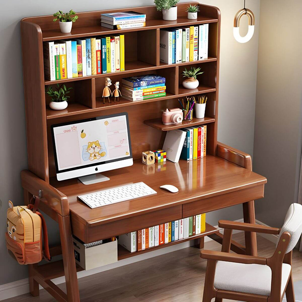Rubberwood Kids Writing Desk with Integrated Bookshelf and Hutch