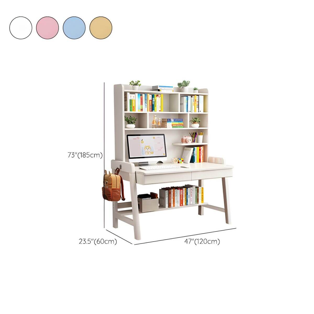 Rubberwood Kids Writing Desk with Integrated Bookshelf and Hutch Dimensions