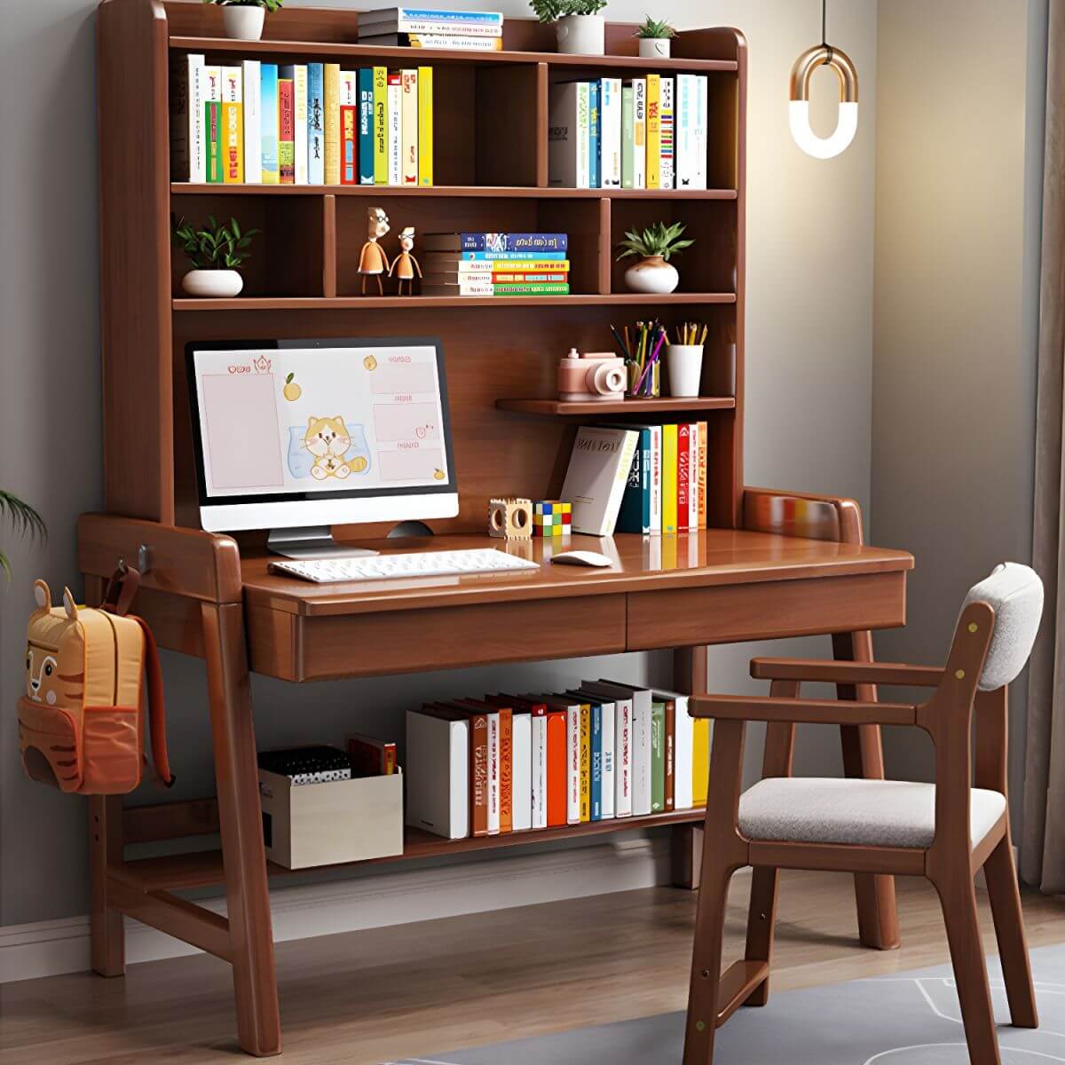 Rubberwood Kids Writing Desk with Integrated Bookshelf and Hutch Main Product Image