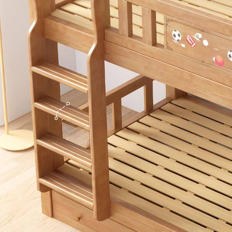 Rubberwood Modern Bunk Bed with Bookshelf, Ladder, and Sports-Themed Decor