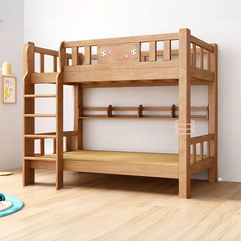 Rubberwood Modern Bunk Bed with Bookshelf, Ladder, and Sports-Themed Decor