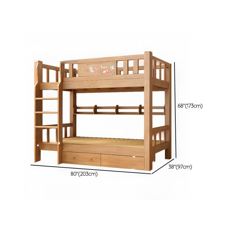 Rubberwood Modern Bunk Bed with Bookshelf, Ladder, and Sports-Themed Decor Dimensions