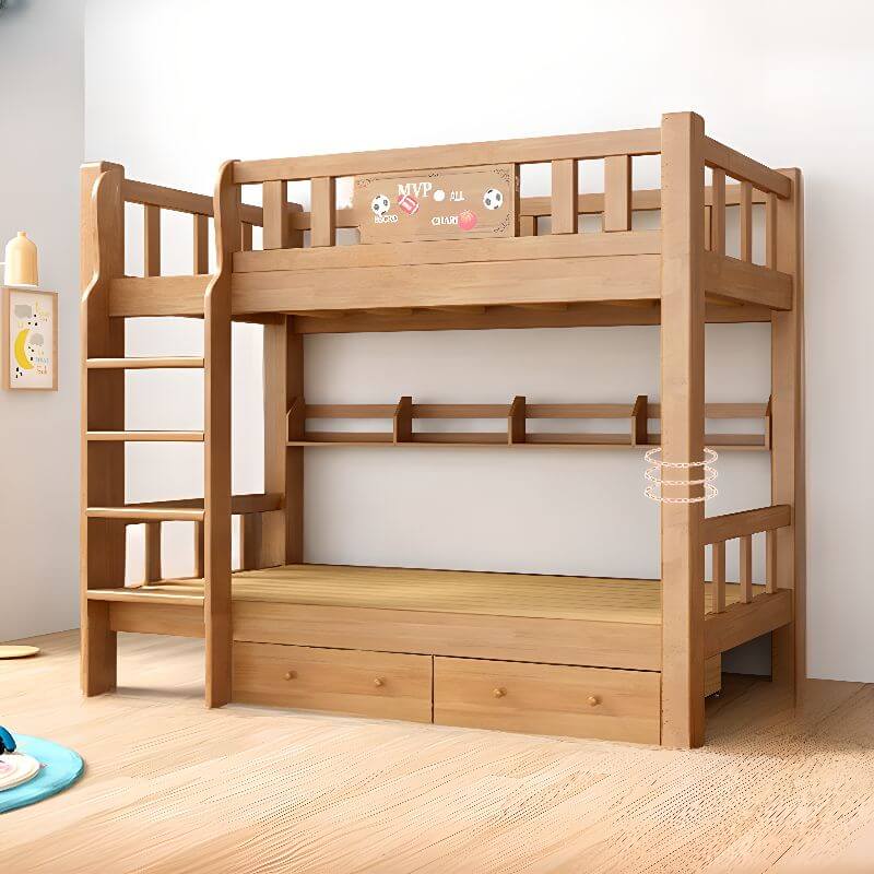Rubberwood Modern Bunk Bed with Bookshelf, Ladder, and Sports-Themed Decor Main Product Image Main image