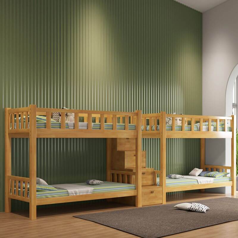 Rubberwood Modern Panel Bunk Bed with Built-In Ladder and Guardrails