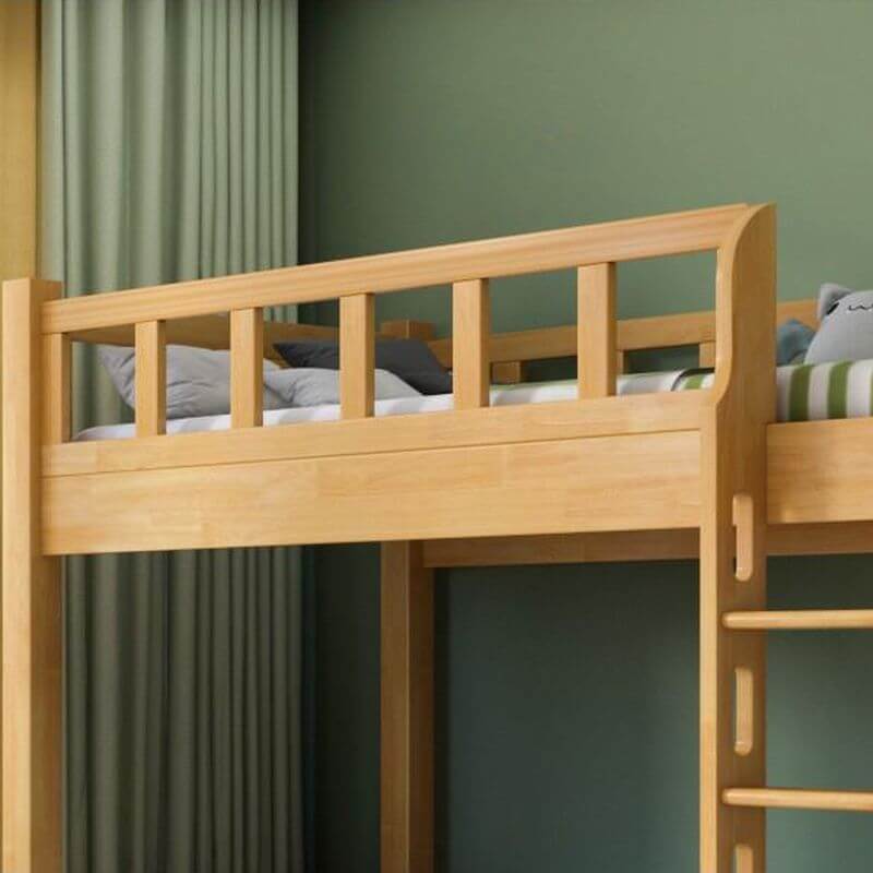 Rubberwood Modern Panel Bunk Bed with Built-In Ladder and Guardrails