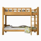 Rubberwood Modern Panel Bunk Bed with Built-In Ladder and Guardrails
