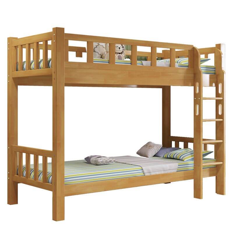 Rubberwood Modern Panel Bunk Bed with Built-In Ladder and Guardrails