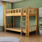 Rubberwood Modern Panel Bunk Bed with Built-In Ladder and Guardrails