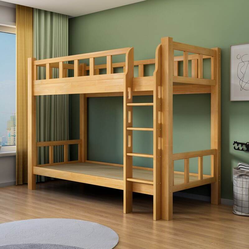 Rubberwood Modern Panel Bunk Bed with Built-In Ladder and Guardrails