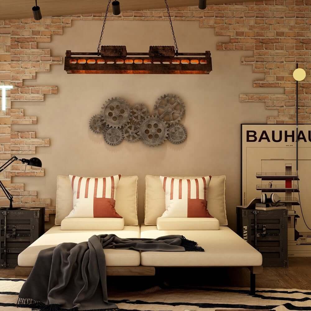 Rust-Finished Industrial 6-Light Pendant with Gear Accents and Wave-Edge Shade