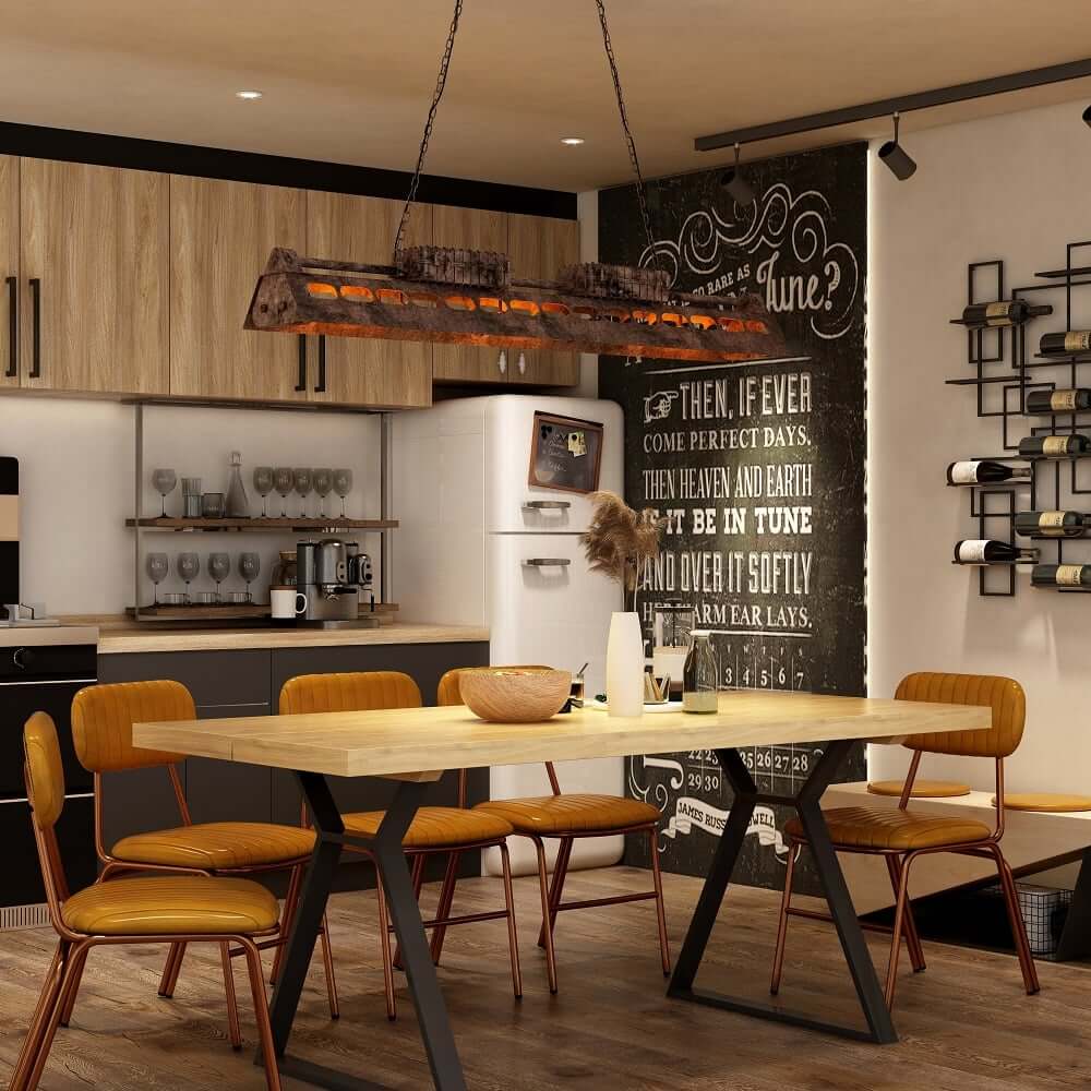 Rust-Finished Industrial 6-Light Pendant with Gear Accents and Wave-Edge Shade