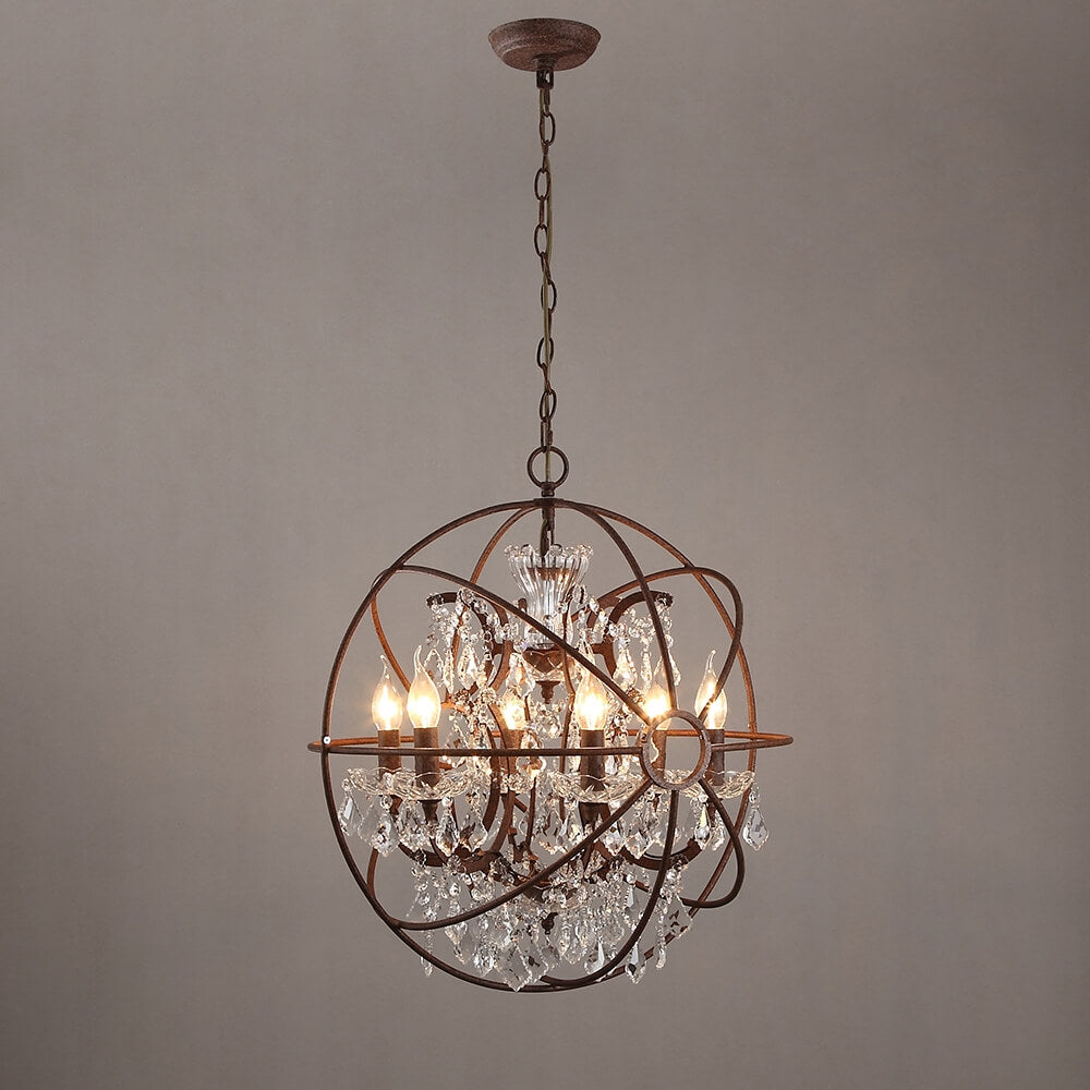 Rust Industrial Crystal Globe Chandelier with Adjustable Height