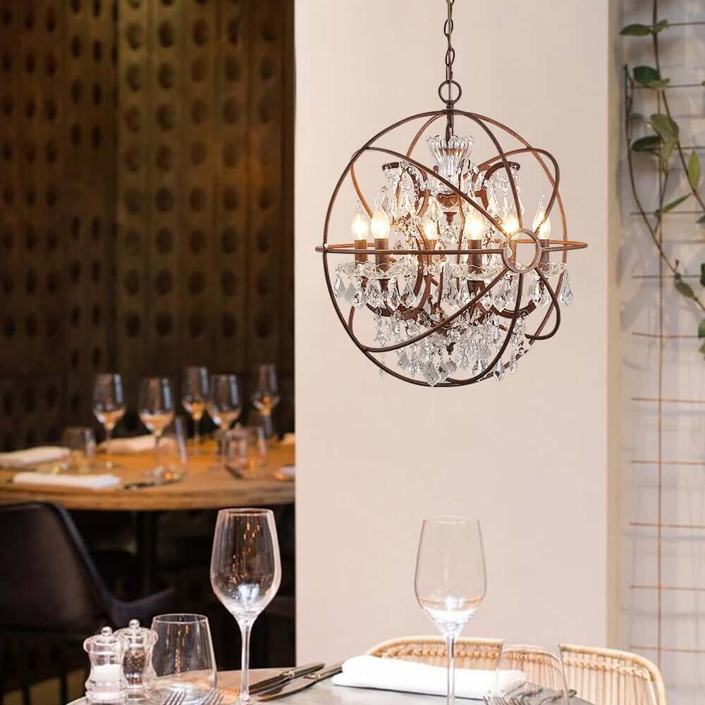 Rust Industrial Crystal Globe Chandelier with Adjustable Height Secondary image
