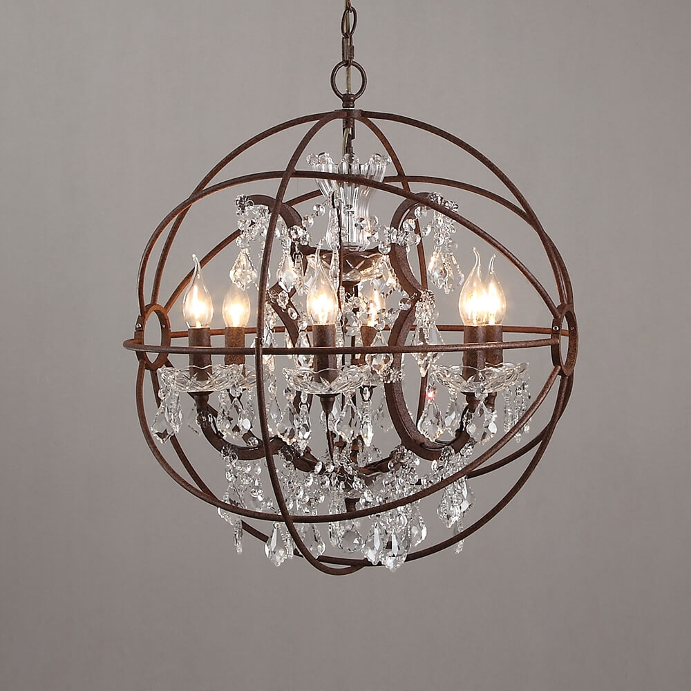 Rust Industrial Crystal Globe Chandelier with Adjustable Height
