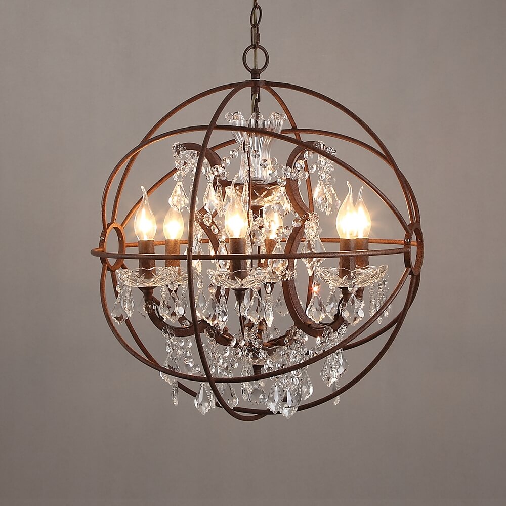 Rust Industrial Crystal Globe Chandelier with Adjustable Height