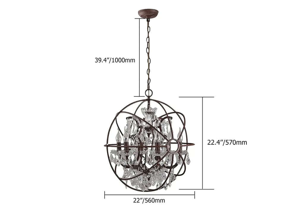 Rust Industrial Crystal Globe Chandelier with Adjustable Height Dimensions