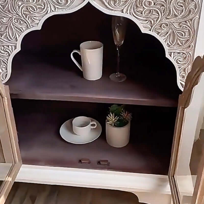 Rustic Boho Fir Wood Cabinet with Glass Doors - White/Natural