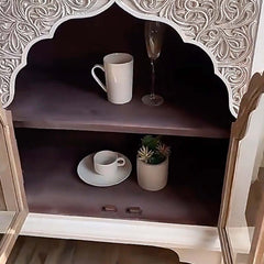 Rustic Boho Fir Wood Cabinet with Glass Doors - White/Natural