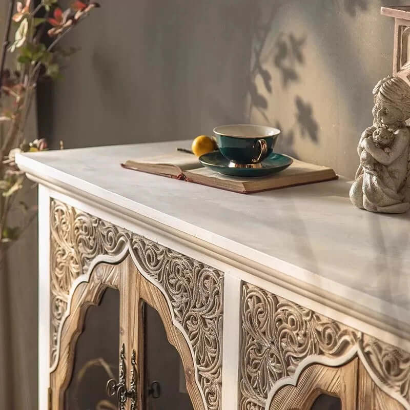 Rustic Boho Fir Wood Cabinet with Glass Doors - White/Natural