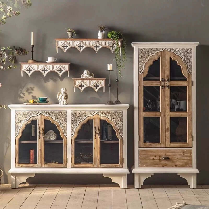 Rustic Boho Fir Wood Cabinet with Glass Doors - White/Natural Zweitbild