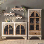 Rustic Boho Fir Wood Cabinet with Glass Doors - White/Natural