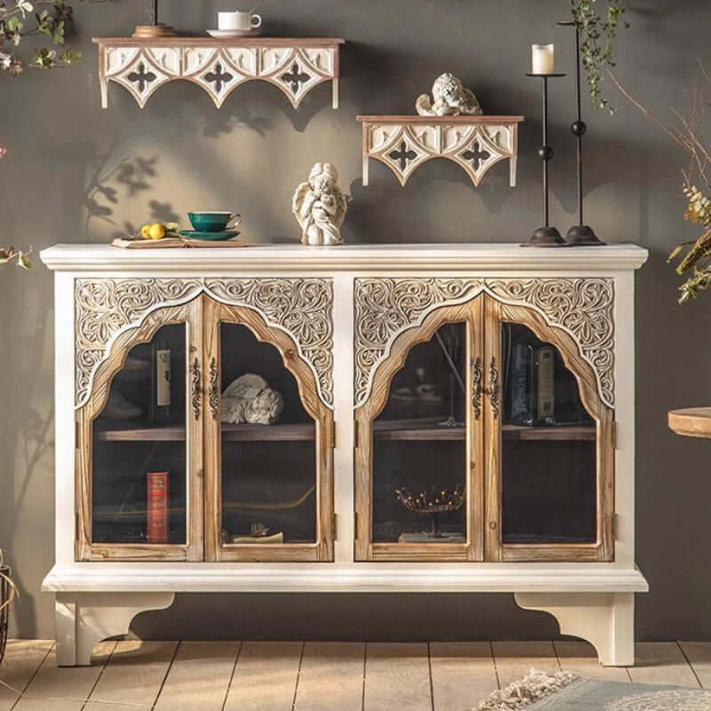 Rustic Boho Fir Wood Cabinet with Glass Doors - White/Natural Main Product Image Hauptbild