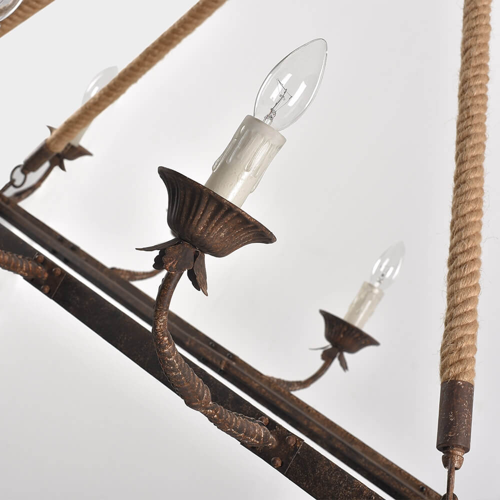 Rustic Candle-Style Linear Chandelier with Hemp Rope Detail