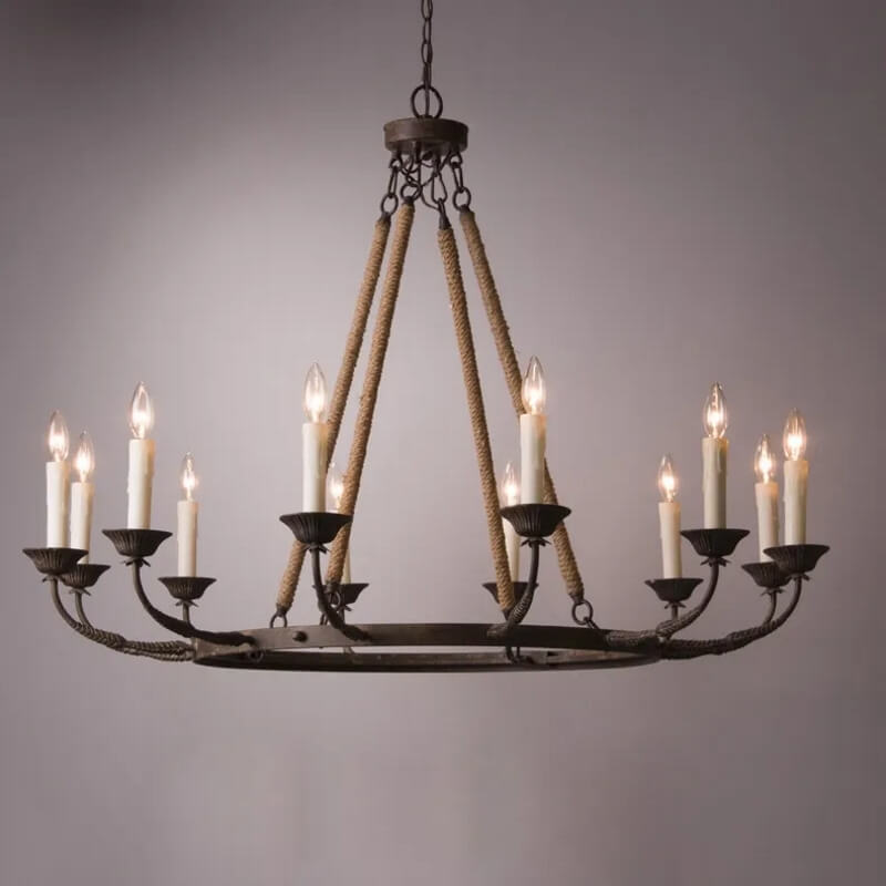 Rustic Candle-Style Linear Chandelier with Hemp Rope Detail